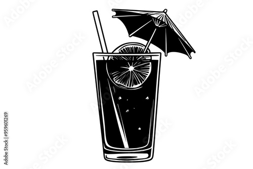 Tall glass of tropical cocktail with fruit slice garnish and umbrella, vector illustration art