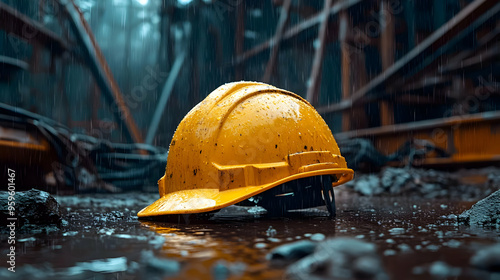 A yellow hard hat resting i...