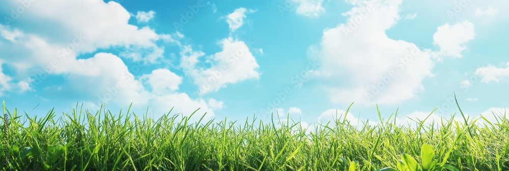 Green grass field with blue sky and white clouds, a scenic nature backdrop.