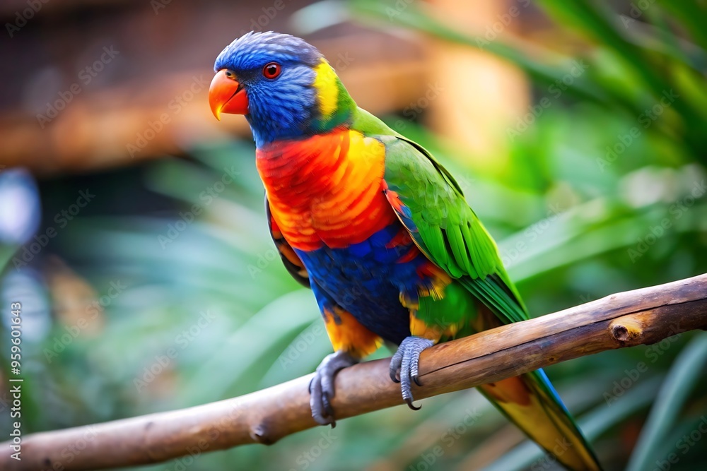 A Colorful Parrot With a Blue Tail Sits on a Branch A Colorful Parrot With a Blue Tail Sits on a Branch