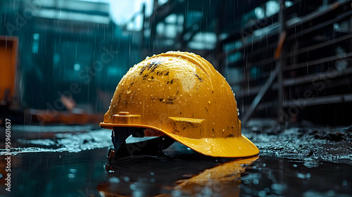 A yellow hard hat resting o...