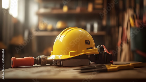 A yellow hard hat with tool...