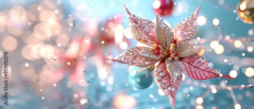 Beautiful festive flower ornament with glittering details and colorful Christmas decorations creating a magical holiday ambiance.