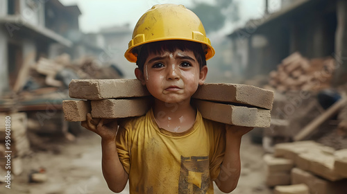 A young boy carries bricks ...