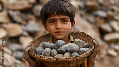 A young boy carrying a bask...