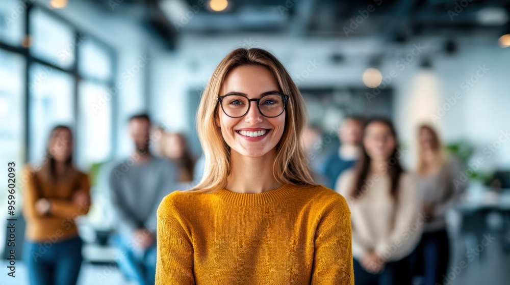 A smiling woman with glasses stands confidently in a bright office, surrounded by colleagues, exuding teamwork and positivity. A smiling woman with glasses stands confidently in a bright office, surrounded by colleagues, exuding teamwork and positivity.