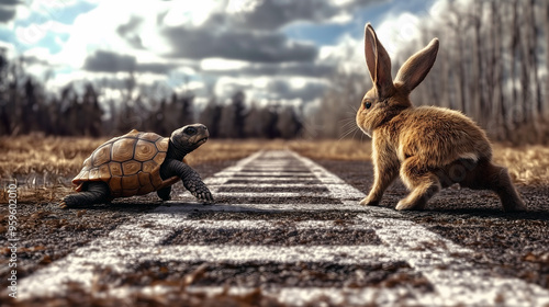 tortoise and the hare facing off at the start of a race track photo