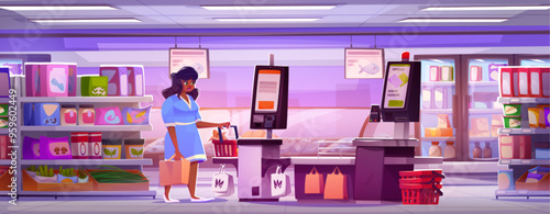 Woman shopping in supermarket. Vector cartoon illustration of female character with full shop basket at self-service pos terminal, food packages, boxes and jars on shelf, fish and dairy refrigerators