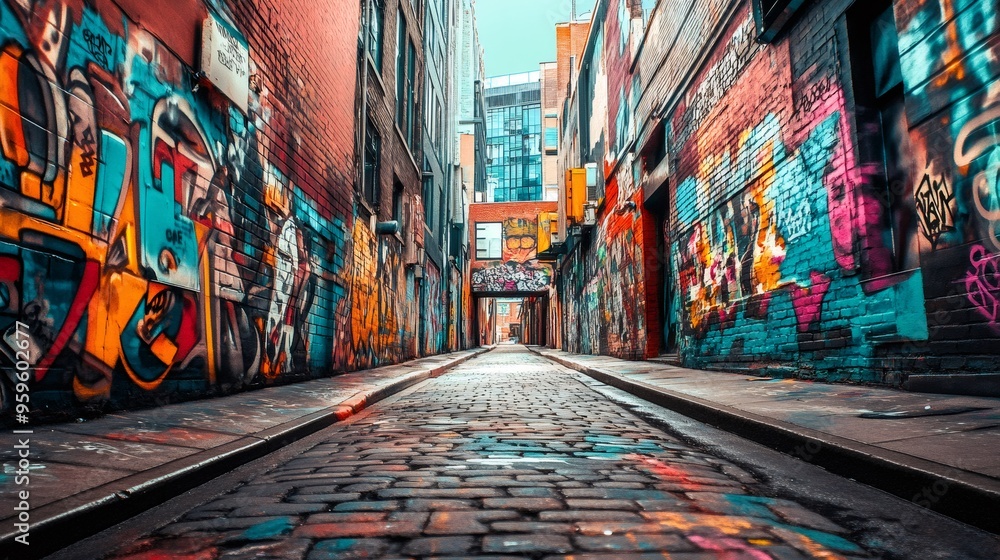 Fototapeta premium A narrow street with graffiti covered brick walls and cobblestone pavement.