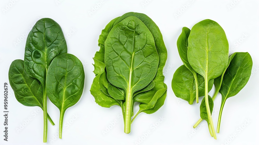 Fototapeta premium Fresh spinach leaves arranged on a white background, showcasing their vibrant green colors and different sizes.