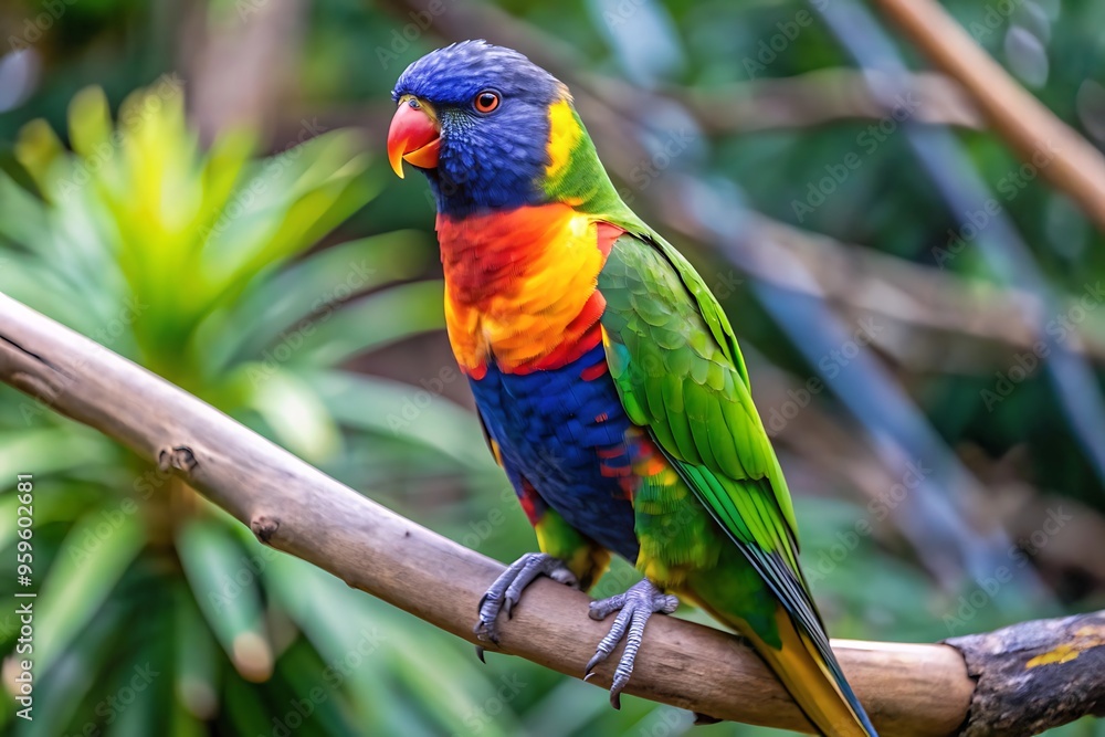 A Colorful Parrot With a Blue Tail Sits on a Branch