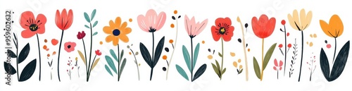 A colorful hand drawn illustration of flowers with different colors and patterns.