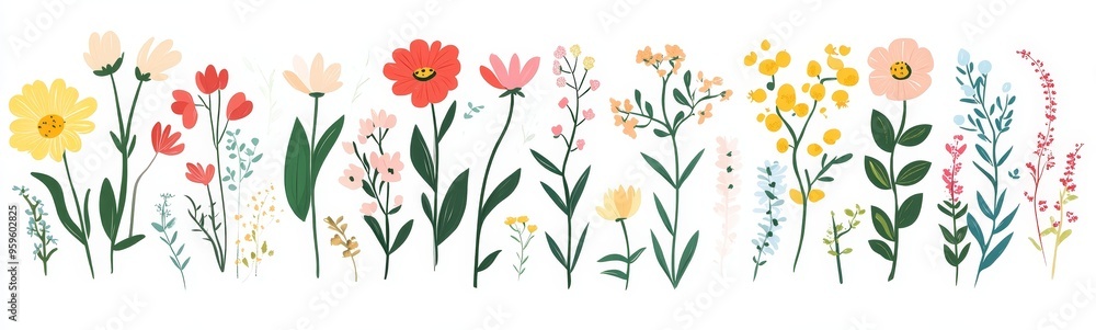 Colorful hand-drawn flowers and leaves on a white background. Colorful hand-drawn flowers and leaves on a white background.
