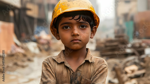 A young boy in a hard hat s...