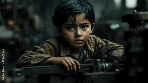 A young boy in a workshop, ...