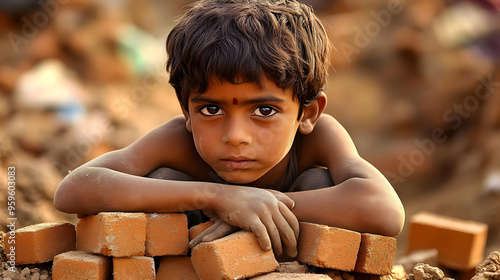A young boy sitting among b...