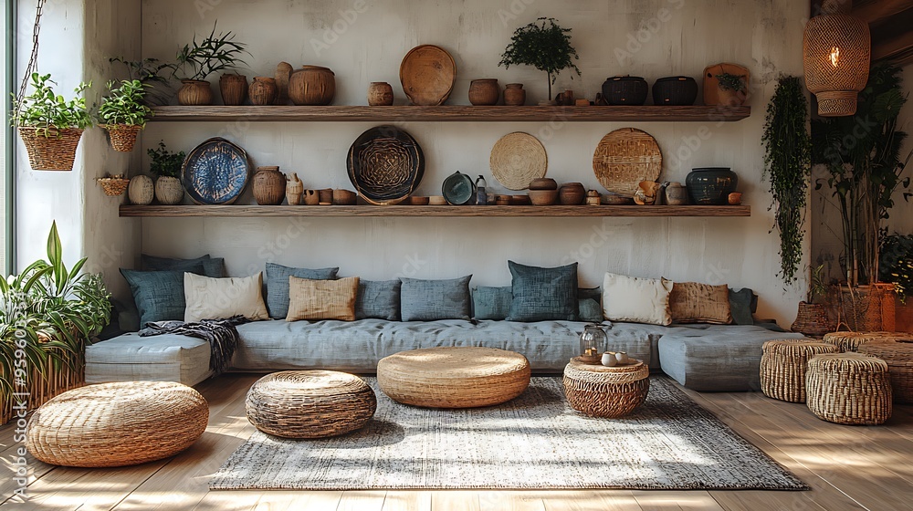 A bohemian living room featuring a collection of artisan pottery and handcrafted ceramics displayed on wooden shelves, adding a rustic, artistic touch. The space is cozy with rattan furniture, A bohemian living room featuring a collection of artisan pottery and handcrafted ceramics displayed on wooden shelves, adding a rustic, artistic touch. The space is cozy with rattan furniture,
