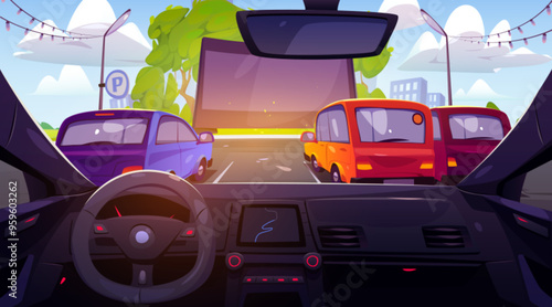 Outdoor drive cinema view from car cabin. Vector cartoon illustration of autos on parking with blank movie screen or street ads banner, green urban park, modern city buildings seen through windshield