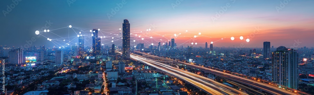 Fototapeta premium Cityscape at twilight with a network of glowing dots above the skyscrapers and a highway with long exposure light trails.