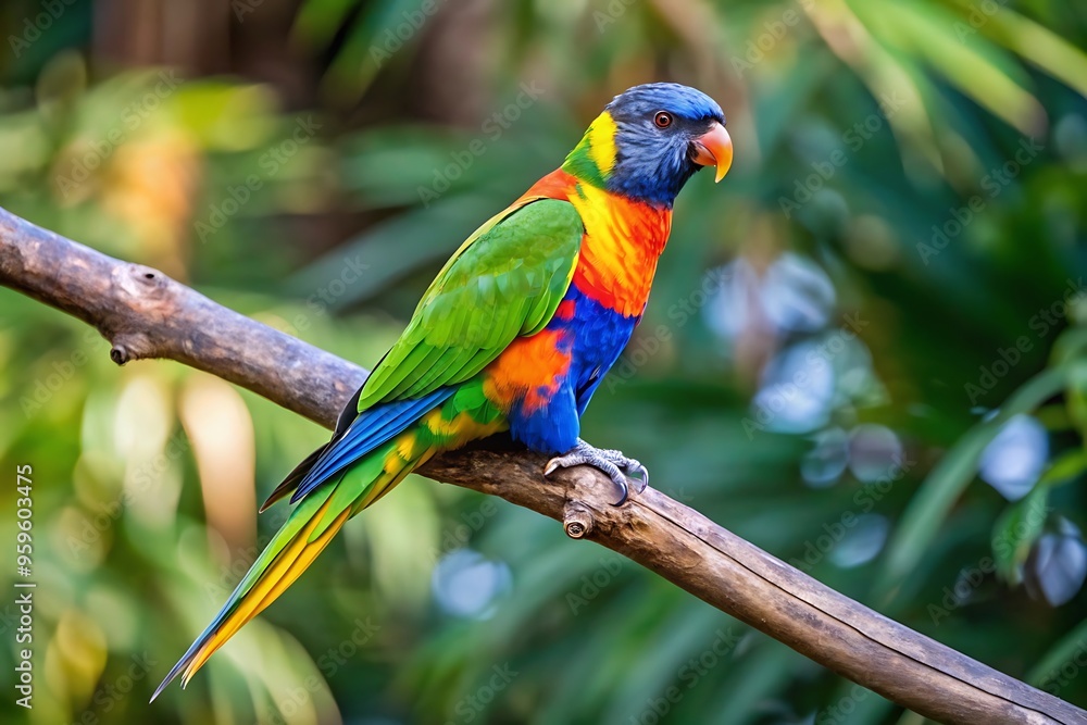 A Colorful Parrot With a Blue Tail Sits on a Branch A Colorful Parrot With a Blue Tail Sits on a Branch