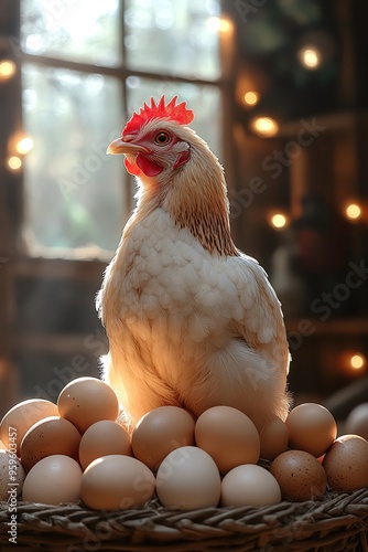 Chicken surrounded by eggs, cozy barn with warm sunlight photo