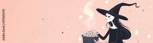 Charming witch casting a spell with colorful ingredients in a cauldron against a soft pink background. photo