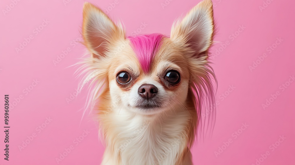 Chihuahua with pink hair styled in a punk fashion, set against a matching pink background Chihuahua with pink hair styled in a punk fashion, set against a matching pink background