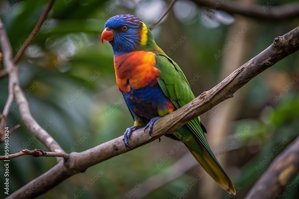 A Colorful Parrot With a Blue Tail Sits on a Branch A Colorful Parrot With a Blue Tail Sits on a Branch