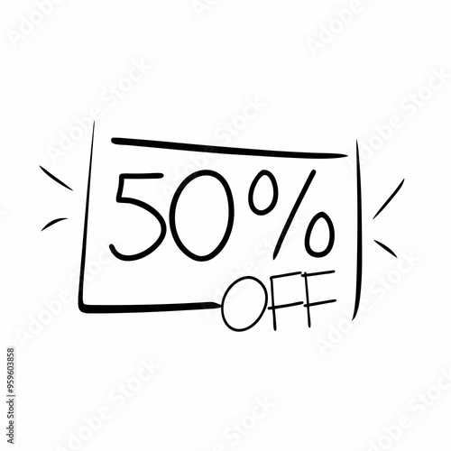 Hand-drawn banner displaying a bold "50% OFF" promotion with decorative lines and exclamation marks for emphasis