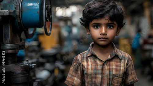 A young boy stands in an in...