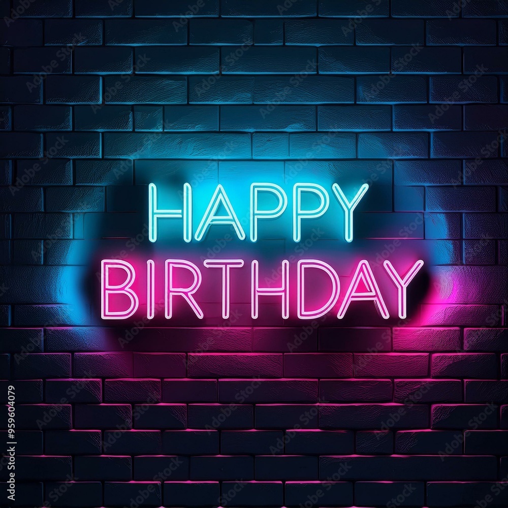 Vibrant neon 'Happy Birthday' sign on a dark brick wall, perfect for birthday celebrations and festive decor. Vibrant neon 'Happy Birthday' sign on a dark brick wall, perfect for birthday celebrations and festive decor.