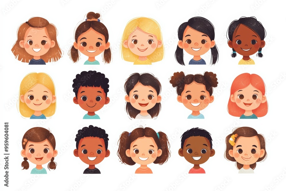 Set of children avatars. Bundle of smiling faces of boys and girls with different hairstyles, skin colors and ethnicities. Colorful flat vector illustration isolated on white background Set of children avatars. Bundle of smiling faces of boys and girls with different hairstyles, skin colors and ethnicities. Colorful flat vector illustration isolated on white background