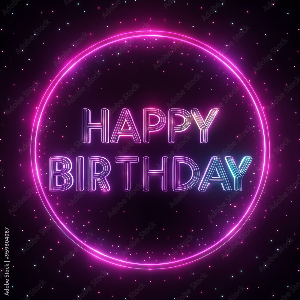 Vibrant neon birthday greeting with glowing text in a circular design, perfect for celebrations and party themes. Vibrant neon birthday greeting with glowing text in a circular design, perfect for celebrations and party themes.