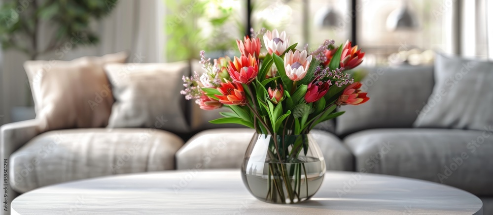 Vase containing a bouquet of exotic protea flowers on a coffee table with a blurred view of a contemporary cozy living room featuring a gray couch Open space interior design Stylish home decor Copyspa Vase containing a bouquet of exotic protea flowers on a coffee table with a blurred view of a contemporary cozy living room featuring a gray couch Open space interior design Stylish home decor Copyspa