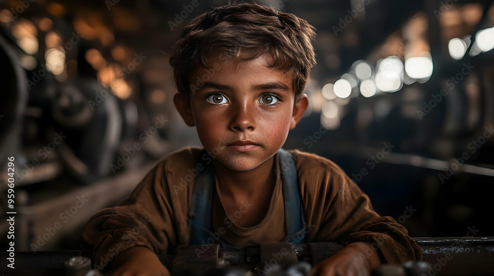 A young boy working in an industrial setting, showcasing resilience. A young boy working in an industrial setting, showcasing resilience.