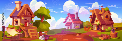 Fairytale gnome village houses. Vector cartoon illustration of cute small huts with wooden stairs and chimneys on roofs, laundry and wood axe in yard, footpath in green summer meadow, dwarf cottages