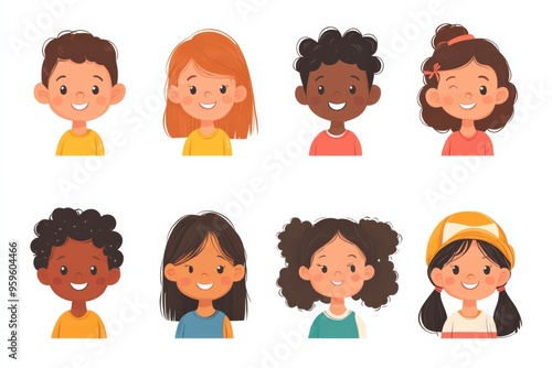 Set of children avatars. Bundle of smiling faces of boys and girls with different hairstyles, skin colors and ethnicities. Colorful flat vector illustration isolated on white background