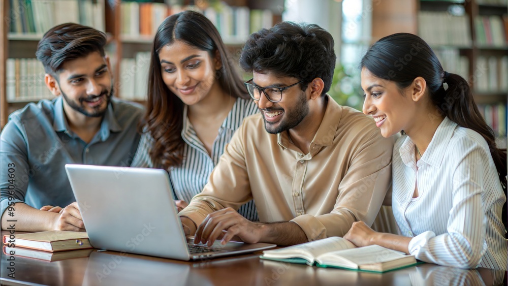 Indian students engaged in a group study session at a library, collaborating and sharing knowledge. Indian students engaged in a group study session at a library, collaborating and sharing knowledge.