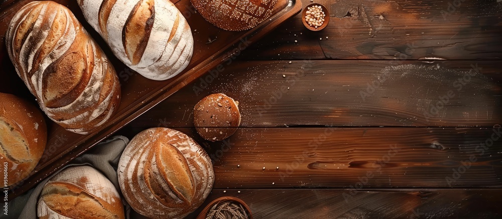 Various bread loaves on a wooden background with copy space Bakery delicious food idea Top view Various bread loaves on a wooden background with copy space Bakery delicious food idea Top view