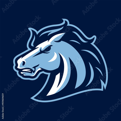Blue horse head mascot logo, on a navy background. Great for sports teams or any horse related brand!