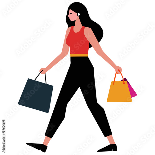 A stylish woman with long hair walks confidently, carrying colorful shopping bags in each hand