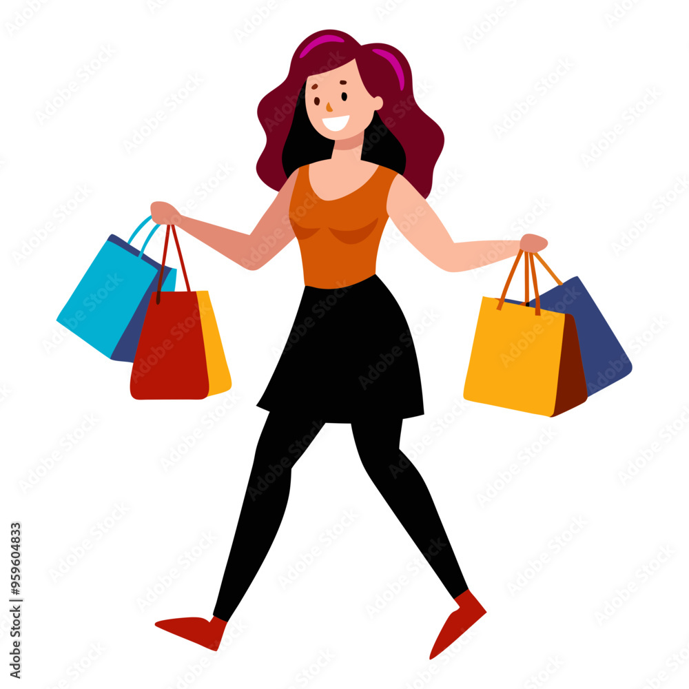 A cheerful woman with wavy hair happily walks while holding colorful shopping bags in each hand, dressed casually in a tank top and skirt A cheerful woman with wavy hair happily walks while holding colorful shopping bags in each hand, dressed casually in a tank top and skirt