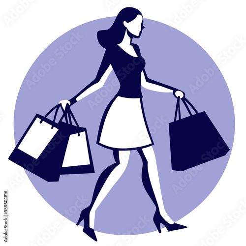 A silhouette of a stylish woman walking confidently while holding several shopping bags, set against a circular purple background