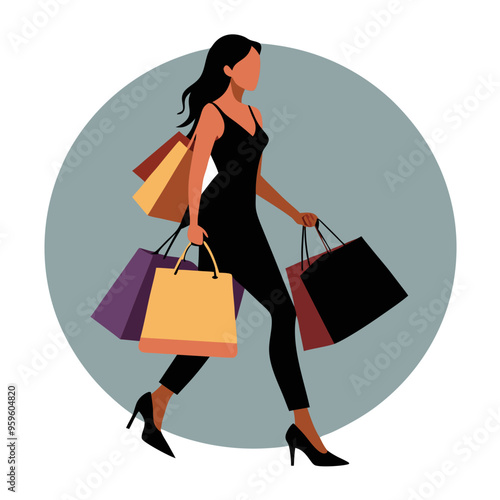 Stylish woman in high heels carries multiple shopping bags while walking against a circular background