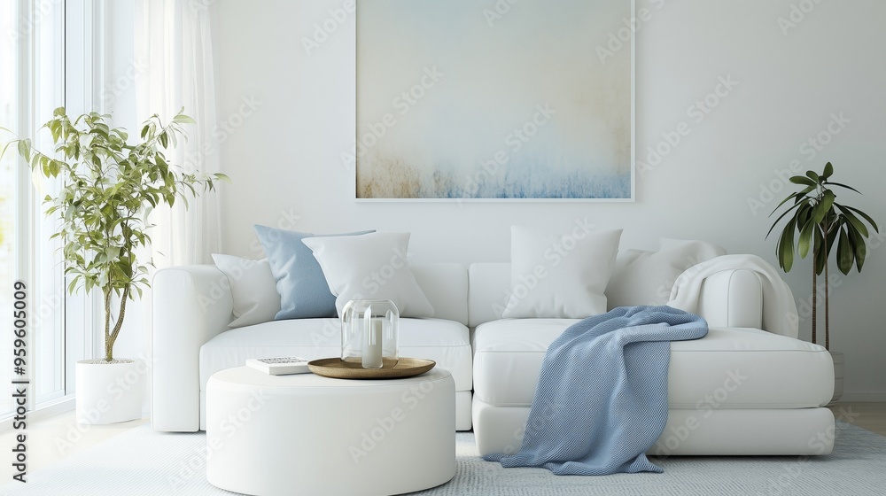 A minimal living room with a light blue wall. The room is very clean and well-lit. A minimal living room with a light blue wall. The room is very clean and well-lit.