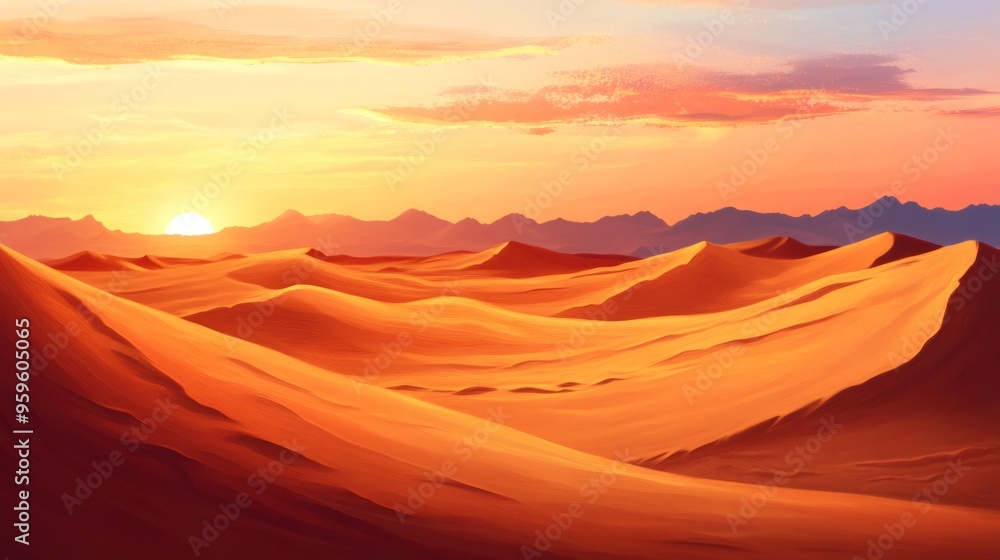 Fototapeta premium A painted sunset over an orange desert landscape with mountains in the background.