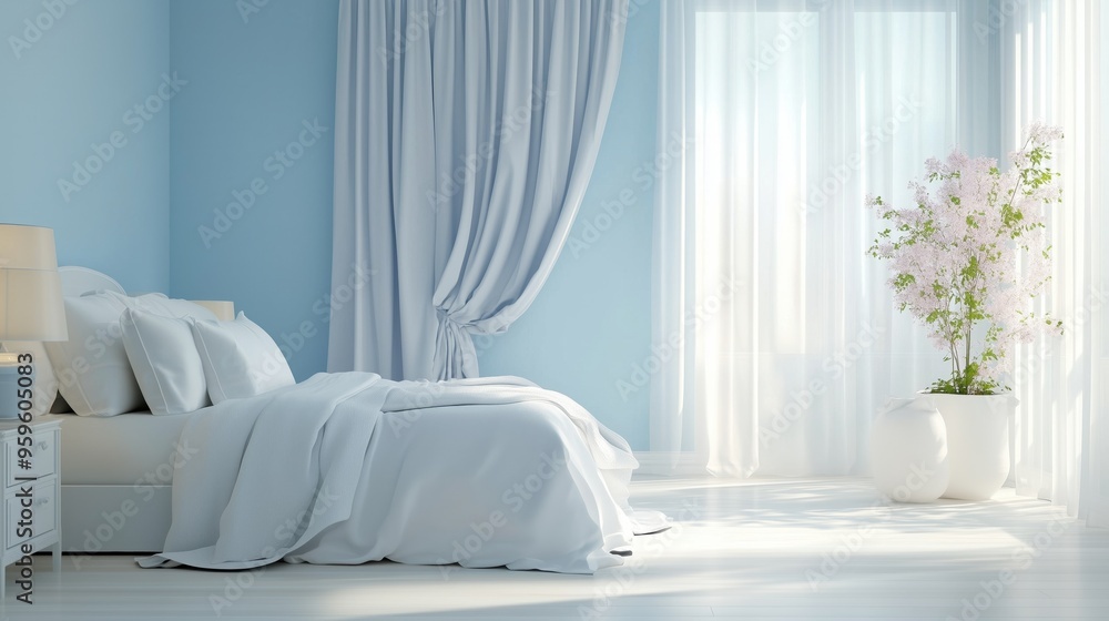 A minimal bedroom with a light blue wall. The room is very clean and well-lit. A minimal bedroom with a light blue wall. The room is very clean and well-lit.