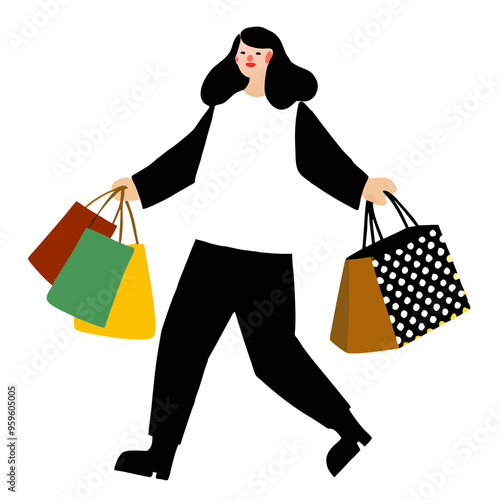 A stylish woman walks happily with multiple colorful shopping bags in her hands, wearing a black and white outfit