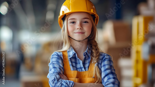 A young girl in a hard hat ...