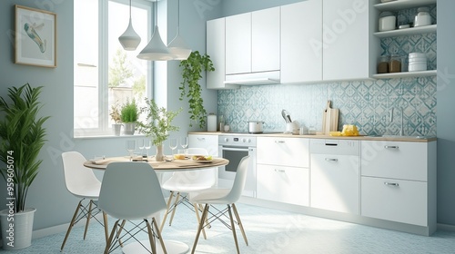 A minimal kitchen with a light blue wall. The room is very clean and well-lit.